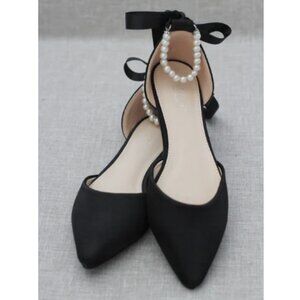 Kailee P Bella Black Satin Pointy Toe Flats with Pearl ankle tie